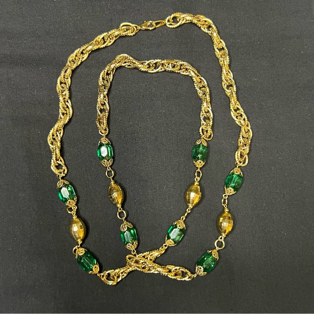 Vintage Gold & Green Beaded Necklace